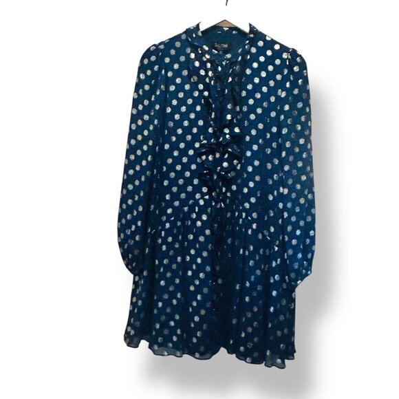SALONI Navy Tilly Dress Womens Sz 6 Metallic Polka Dots Silk Ruffle Drop Waist - Picture 3 of 16